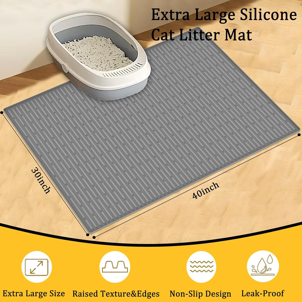 Ultibe 40"x30"(100cmx75cm) Extra Large Silicone Cat Litter Mat, XXL Litter Trapping Mat for Under Litter Box, Non-Slip Waterproof Kitty Litter Catcher, Easy to Clean Mat for Cats, Gray White