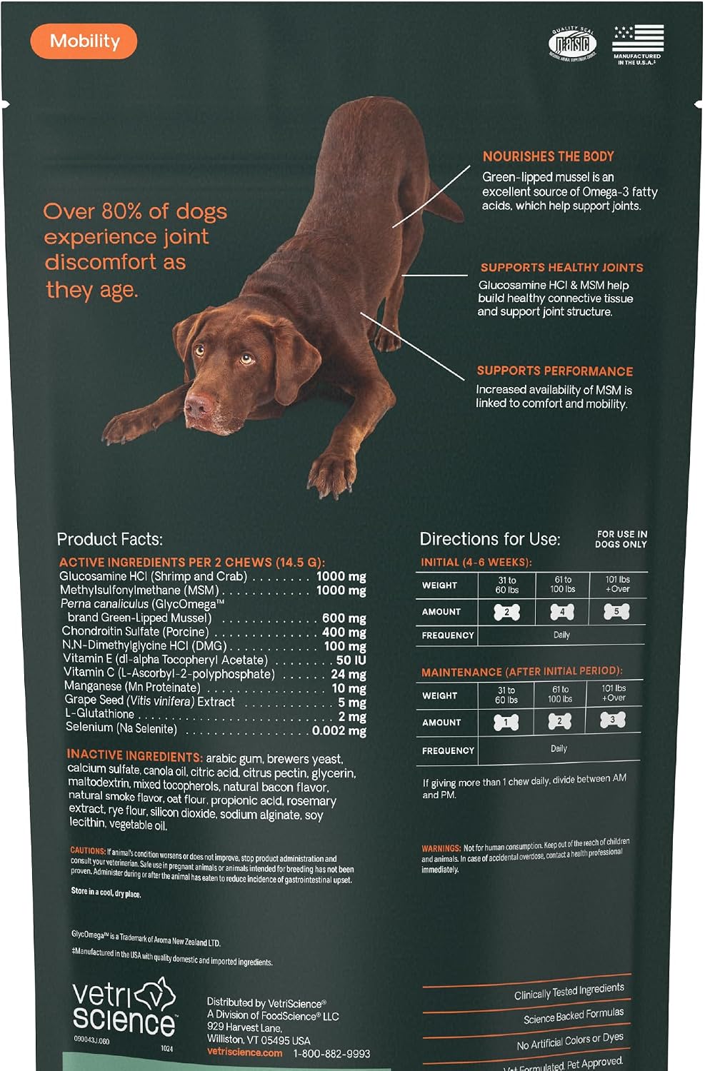VetriScience Ultimate Strength Healthy Hip and Joint for Dogs, Bacon, 60ct
