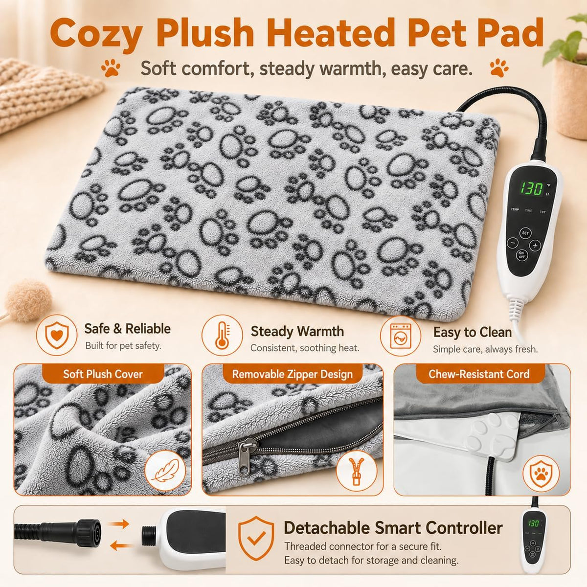 GOLOPET Dog Heating Pad 32x20 in UL/MET Dual Security Certification-Grey