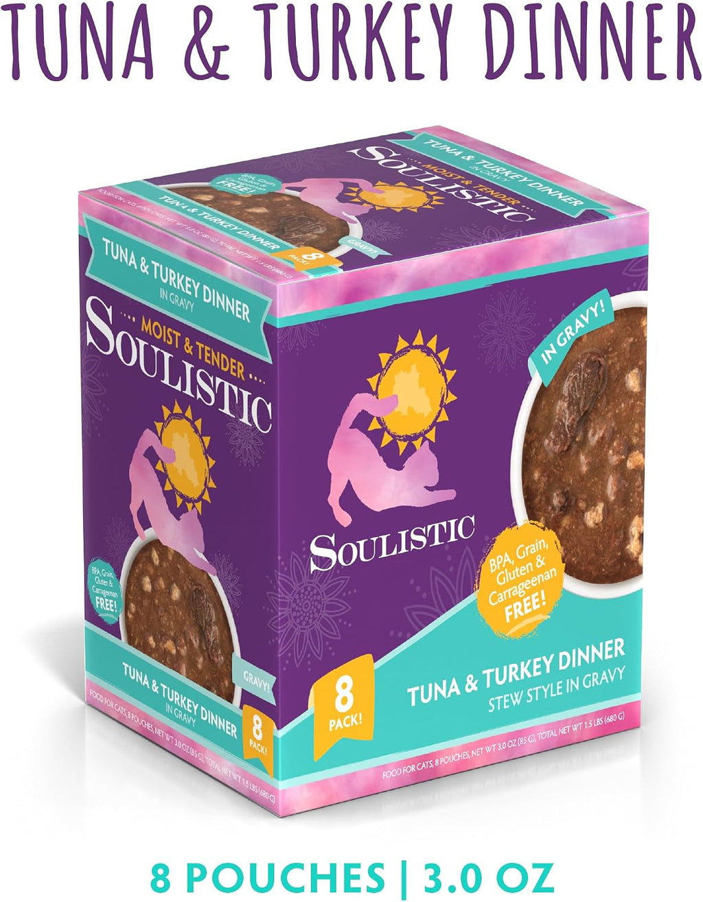 Soulistic Moist and Tender, Tuna and Turkey Dinner in Gravy, 3oz Pouch, Pack of 8