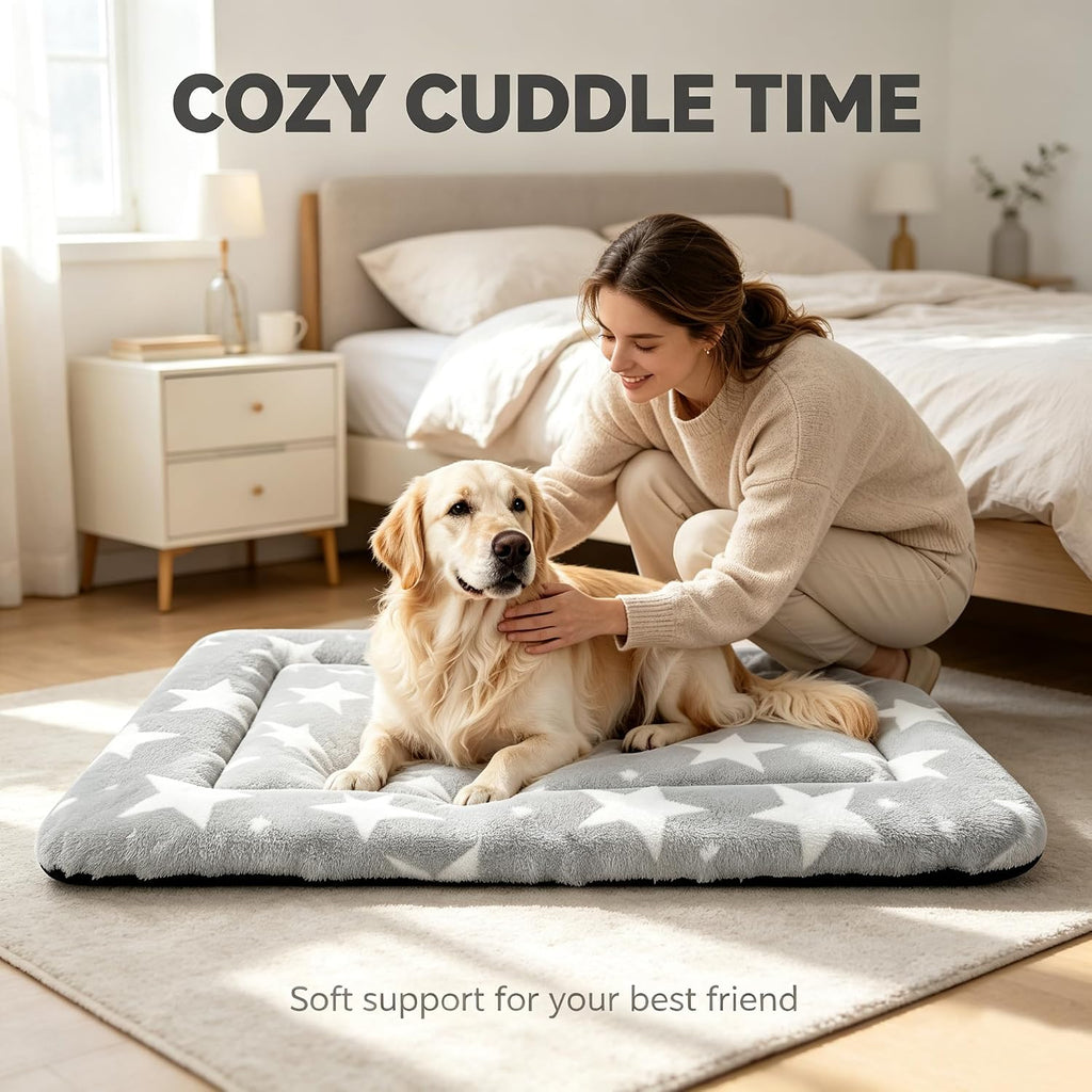 Dog Bed Mat – Soft & Comfortable Dog Kennel Pad for Crate – Durable Crate Bed & Mat for Dogs & Cats – Ideal for Crate, Kennel, and Home Use (Big&Little Stars Grey, L(35"*23"*1.5"))