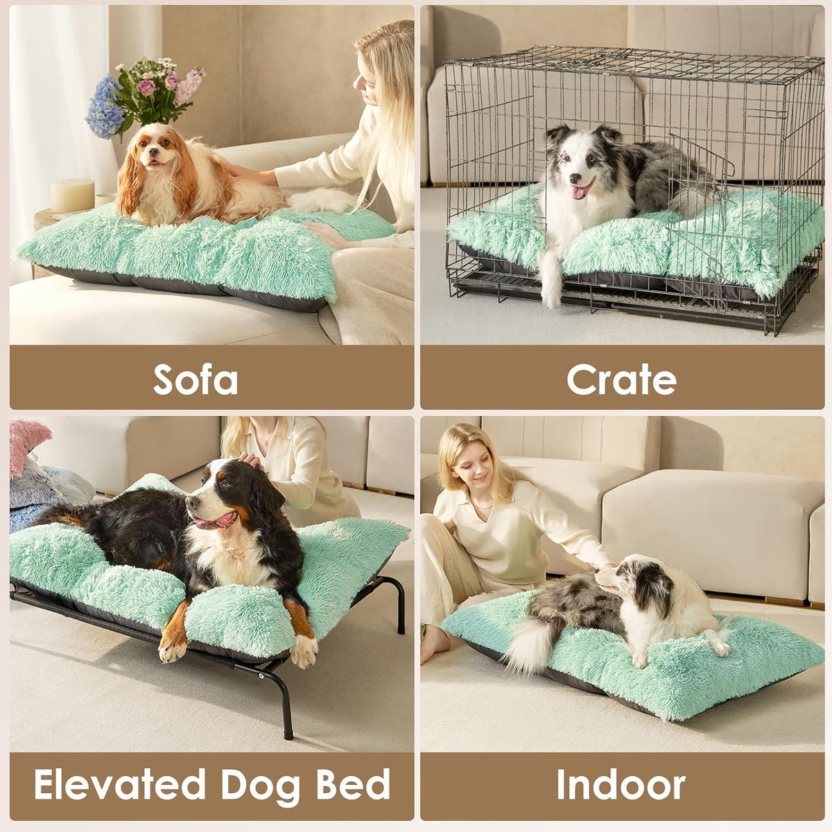 EHEYCIGA Fluffy Dog Crate Bed for Large Dogs, Plush Faux Pad, Apple Green