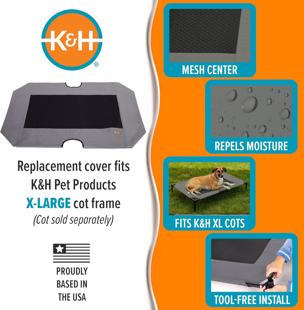 K&H Outdoor Elevated Dog Bed Pet Cot Replacement Cover, XL 50x32in, Gray