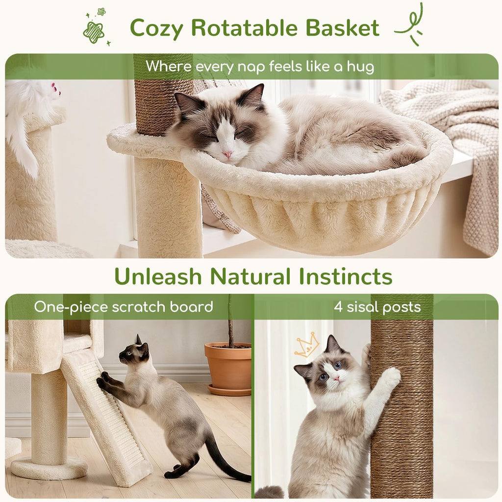 Globlazer S51 Sturdy Cat Tree Tower with Scratching Posts, Beige
