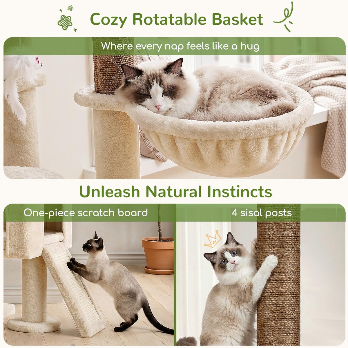 Globlazer S51 Sturdy Cat Tree Tower with Scratching Posts, Beige