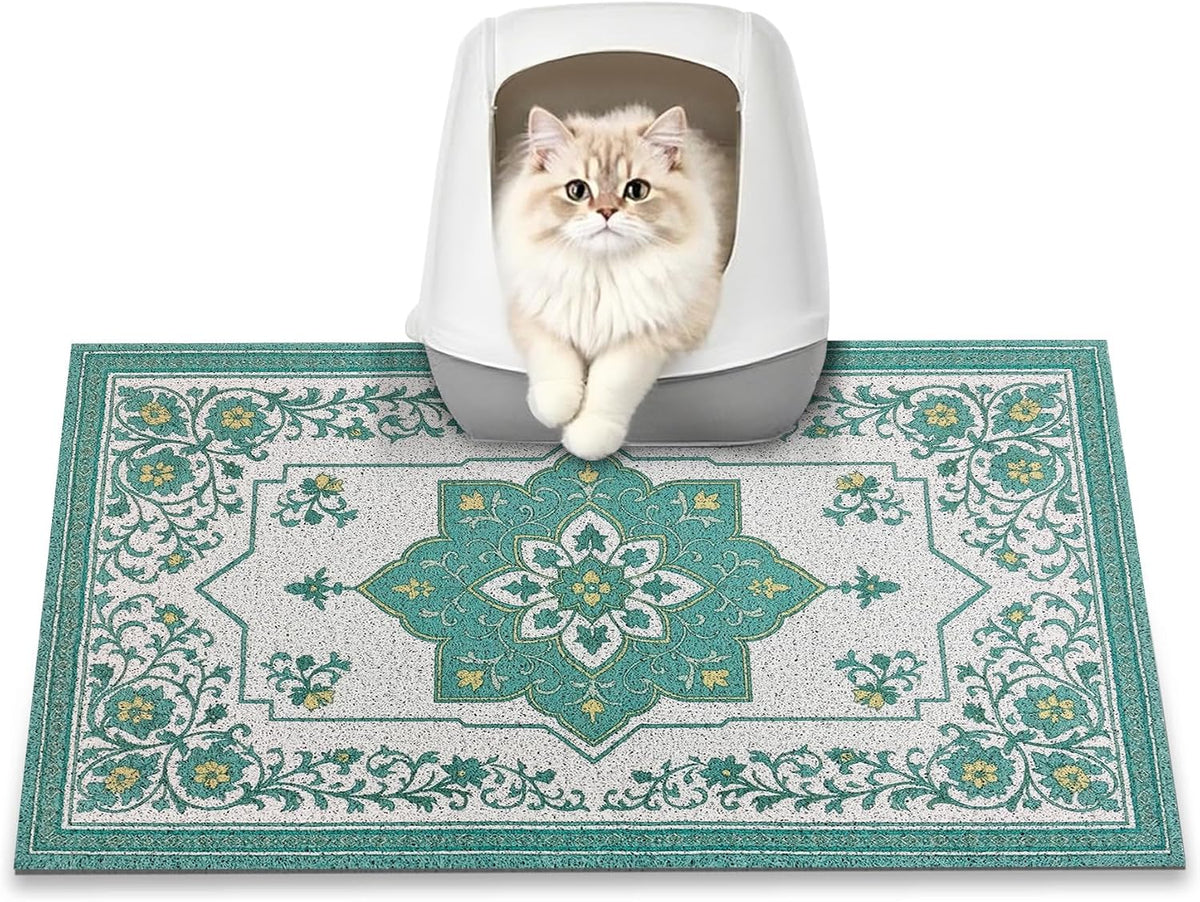 Cat Litter Mat, 24" x 16" Litter Box mat, Traps 100% Litter, Non-Slip Kitty Litter Trapping mats, Small Cute Litter mat, Easy Clean for Scatter Control, Bohe cat Food mat, Urine Waterproof | Traps 100% Litter, Cute litter mat for litter box, Soft on Ki...