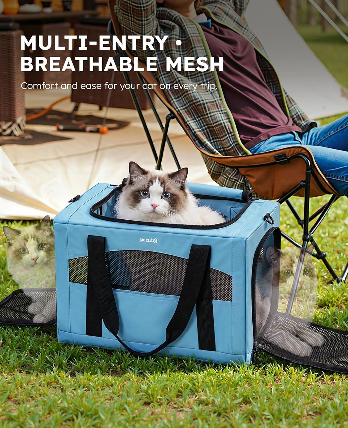 Pecute Cat Carrier Stable, Pet Carrier with Privacy Partition,Light Blue