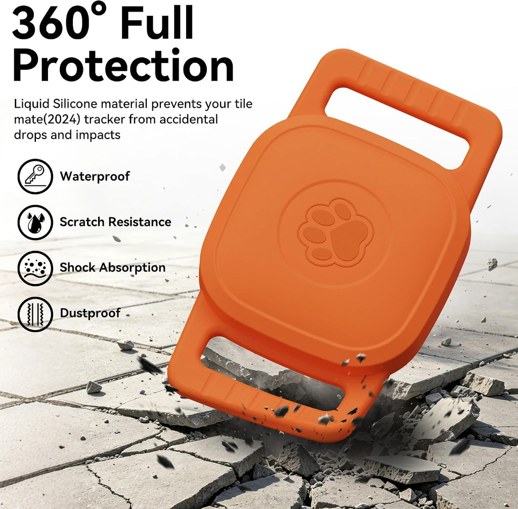 DDJ 2-Pack Waterproof Dog Collar Holder for Tile Mate Tracker, Durable Silicone Life360 Tile Case for Cat &Pet Collars Without Shaking, Anti-Lost Full Body for Tile Cover, Easy to Install, Orange