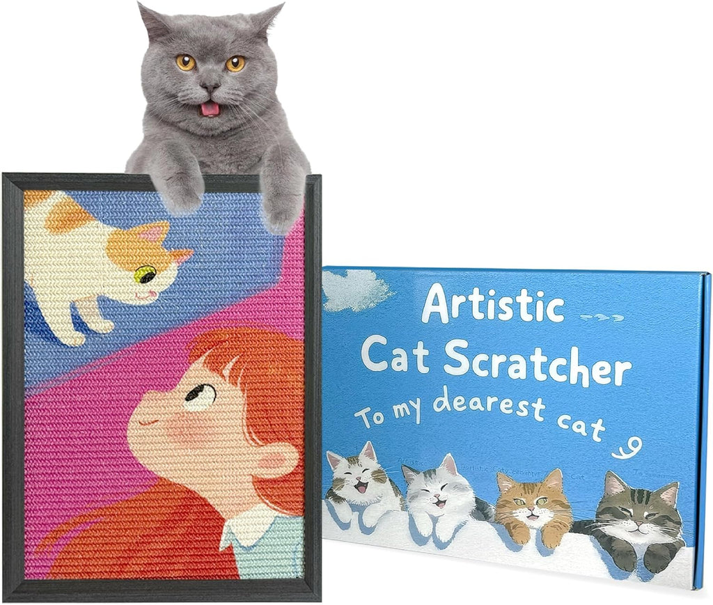 Decorative Wall Art Cat Scratcher for Indoor Cats, Wall Mounted Sisal Cat Scratching Board with Solid Wood Frame, Furniture Protector, Easy No-Drill Install, 17 x 13 in