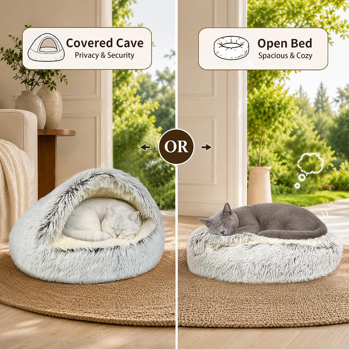 ShinHye Round Plush Fluffy Hooded Cat Bed Cave, Cozy for Indoor Cats or Small Dogs, Waterproof Bottom, Washable（40 in）
