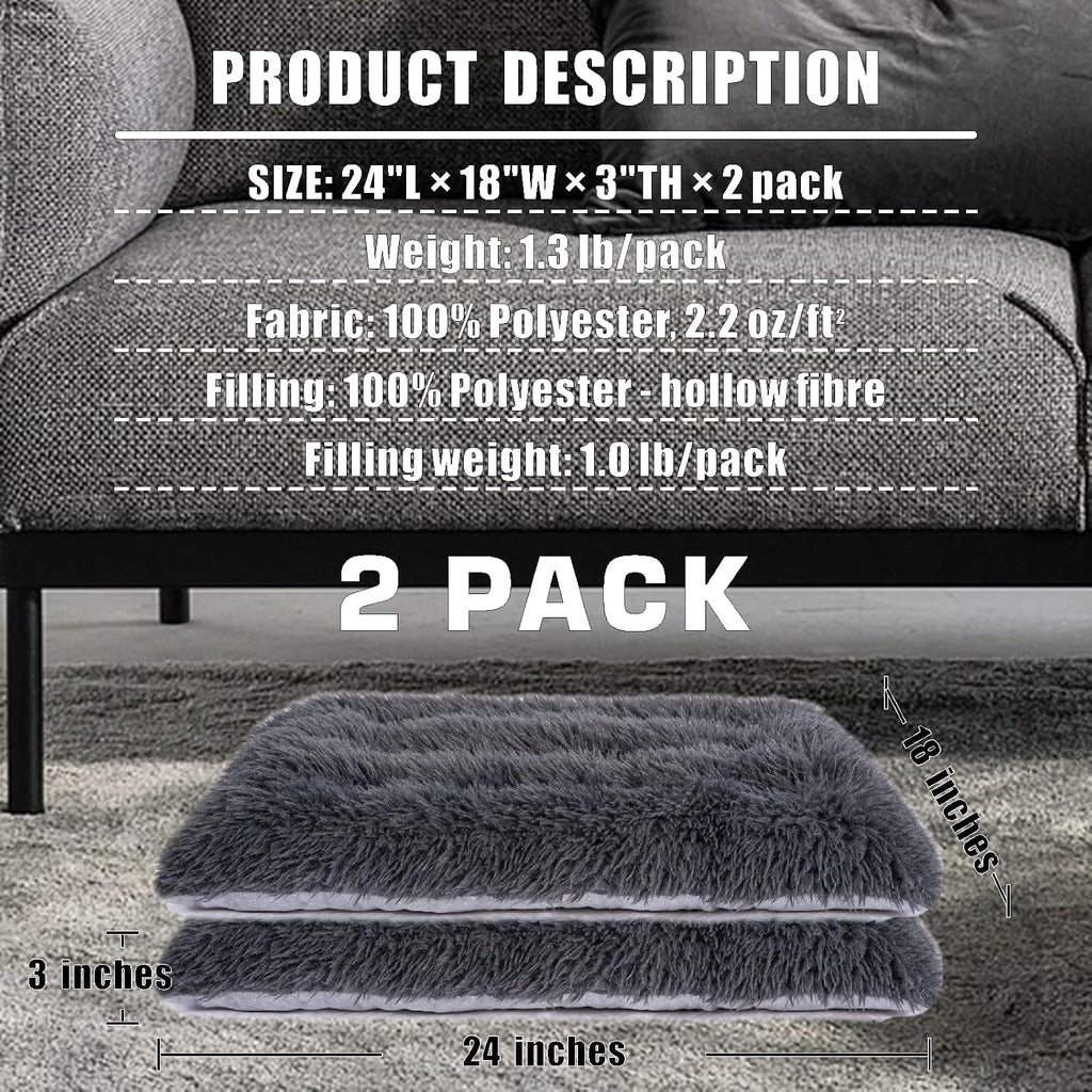 Machine Washable Dog Bed, Deluxe Plush Dog Crate Pad and Cat Bed, Anti-Slip Bottom Kennel Pad Mat, Fuzzy Pet Beds for Large, Medium, Small Dogs Breeds (Dark Grey, 24.0"L x 18.0"W x 3.0"Th x 2 PACK)