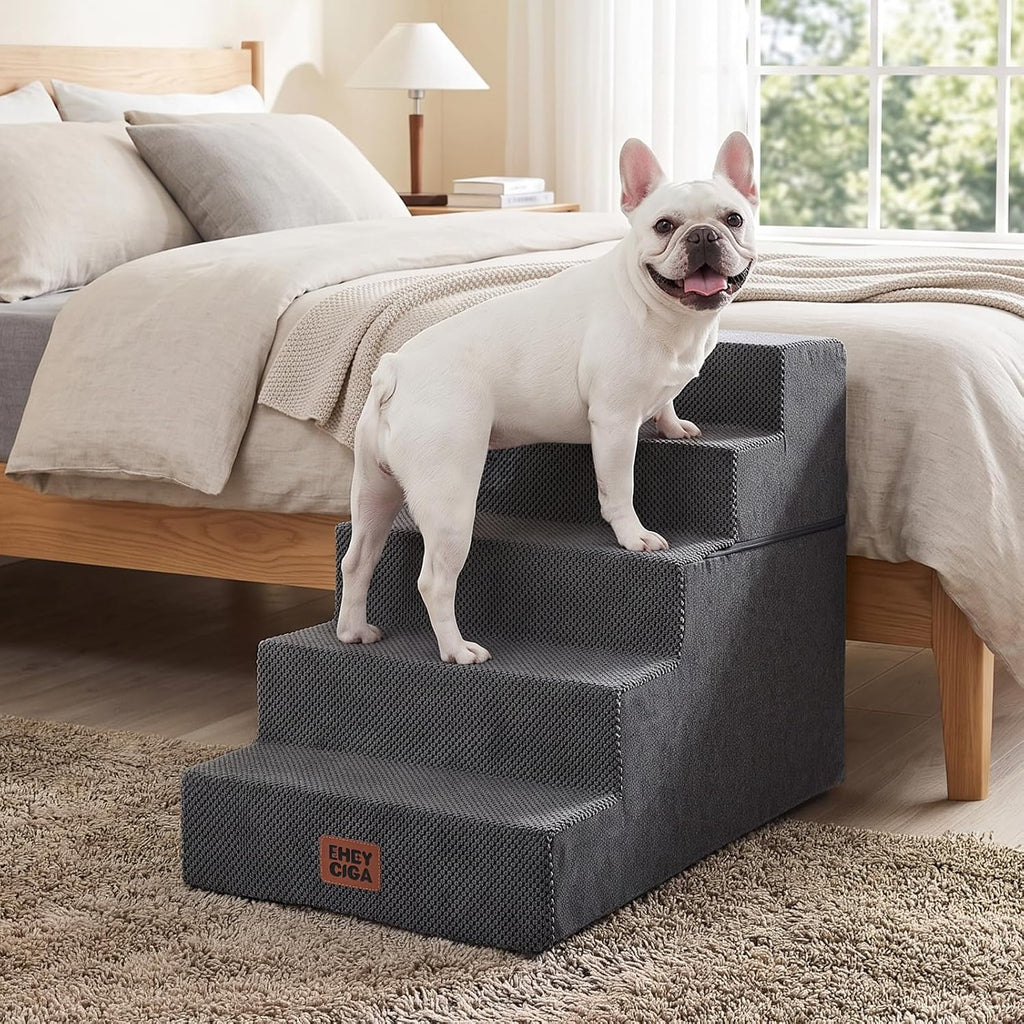 EHEYCIGA Dog Stairs for Bed 22.5" H, 5-Step Extra Wide Dog Steps, Grey