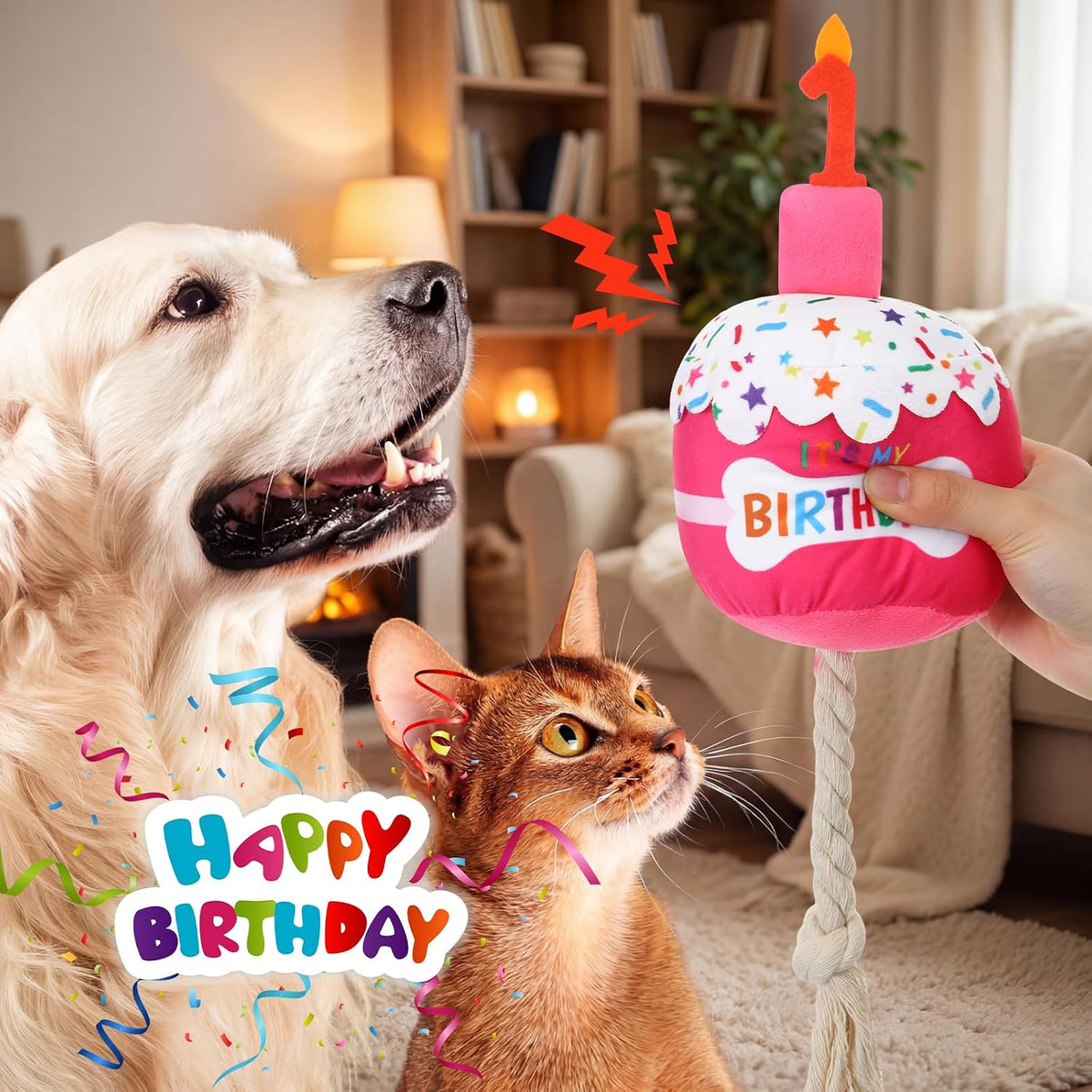 Dansydaisy Dog Birthday Cake Toy Squeaky Plush Gift,1st,Rose Pink | Interactive Squeaky Gift for Dogs, Dog Birthday Decor , Soft Chew for Small Medium Large Pets, Cake Design with Candle