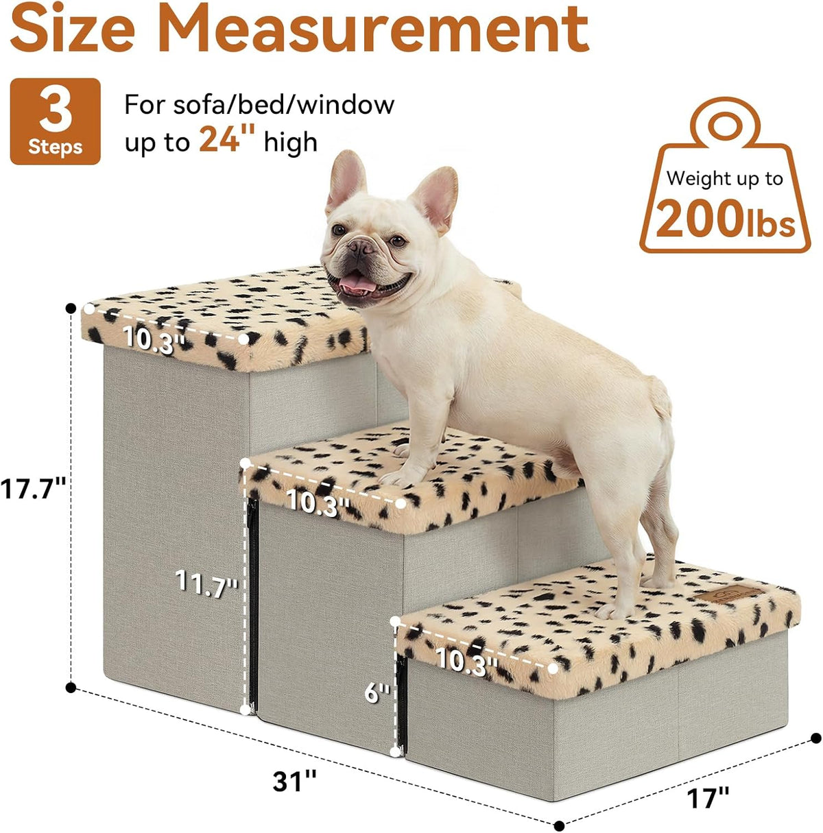 Zerbuger Dog Stairs with Storage, Beige Leopard 3 Steps Dog Ramp no Condo