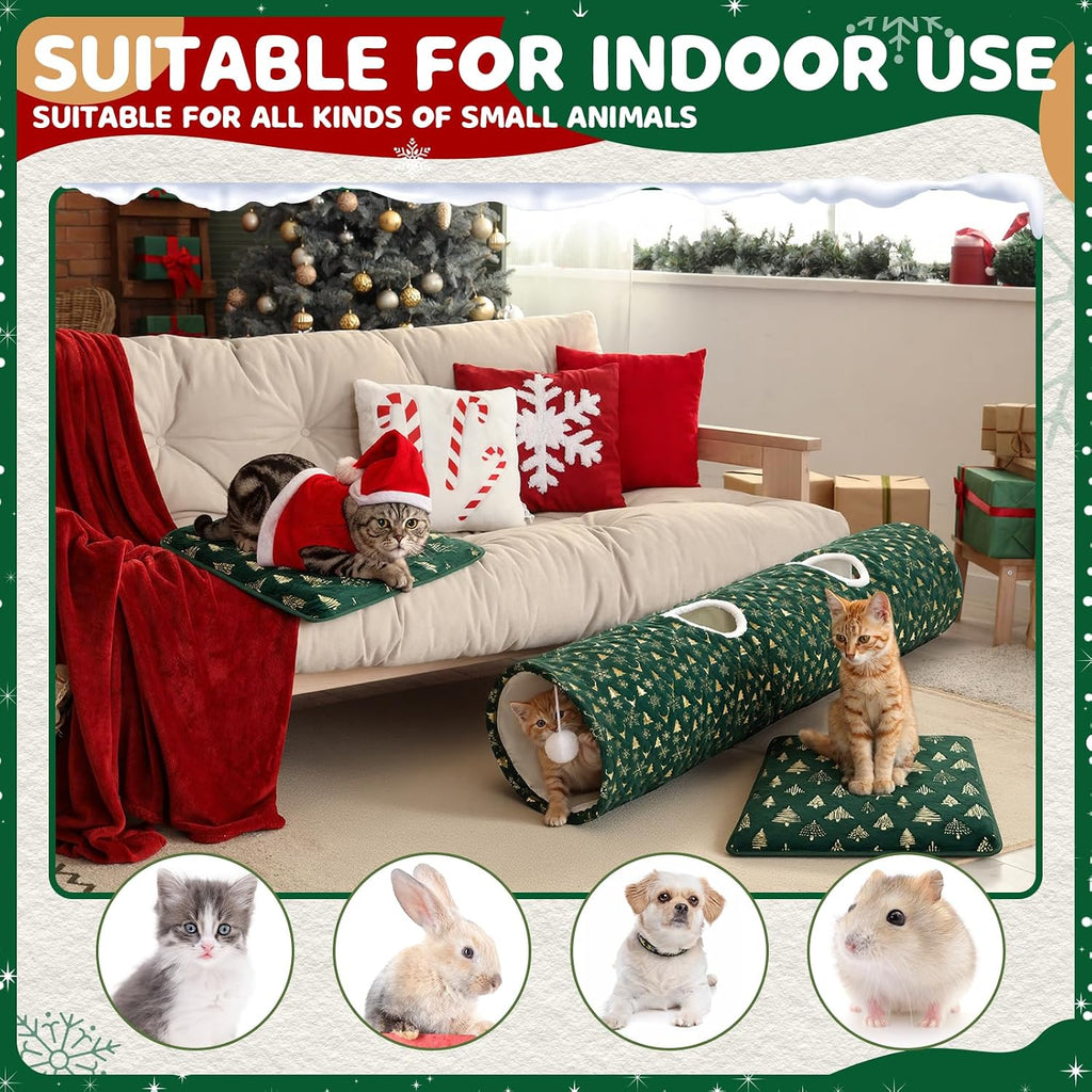 Thyle 2 Pcs Christmas Cat Tunnel & Self Heating Pad, Indoor, 49×12 in Green