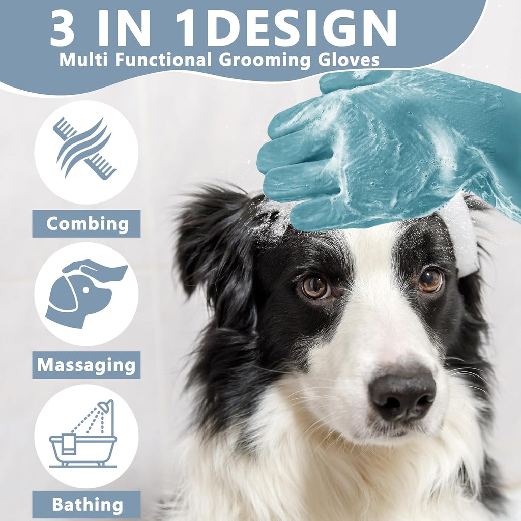 Pet Grooming Gloves—Dog Washing Gloves with High-Density Teeth, Dog Bath Scrubber with Enhanced Five Finger Design, Silicone Gloves for Dogs and Cats Bathing, Massage (Gray Blue)