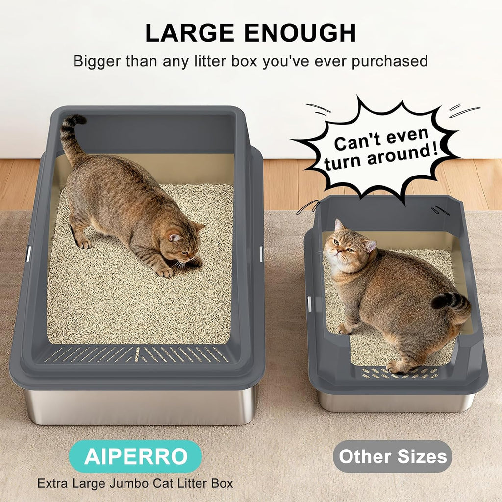 AIPERRO Stainless Steel Litter Box Extra Large for Big Cats and Multi-Cats | Jumbo Extra Large High Sided Metal Cat Box with Lid | Anti-Urine Leakage,Non-Stick & Easy to Clean | Include Litter Cat Scoop