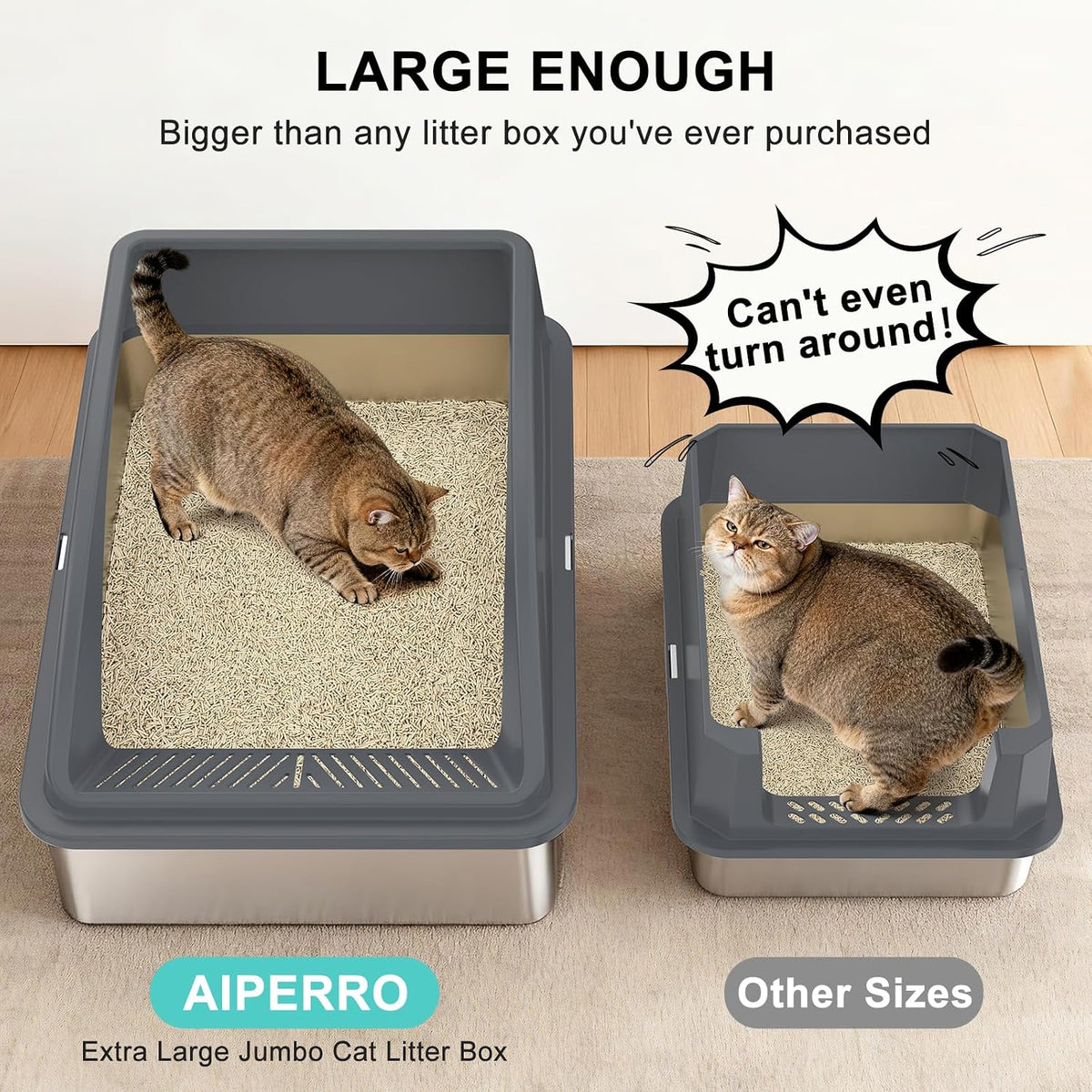 AIPERRO Stainless Steel Litter Box Extra Large for Big Cats and Multi-Cats | Jumbo Extra Large High Sided Metal Cat Box with Lid | Anti-Urine Leakage,Non-Stick & Easy to Clean | Include Litter Cat Scoop