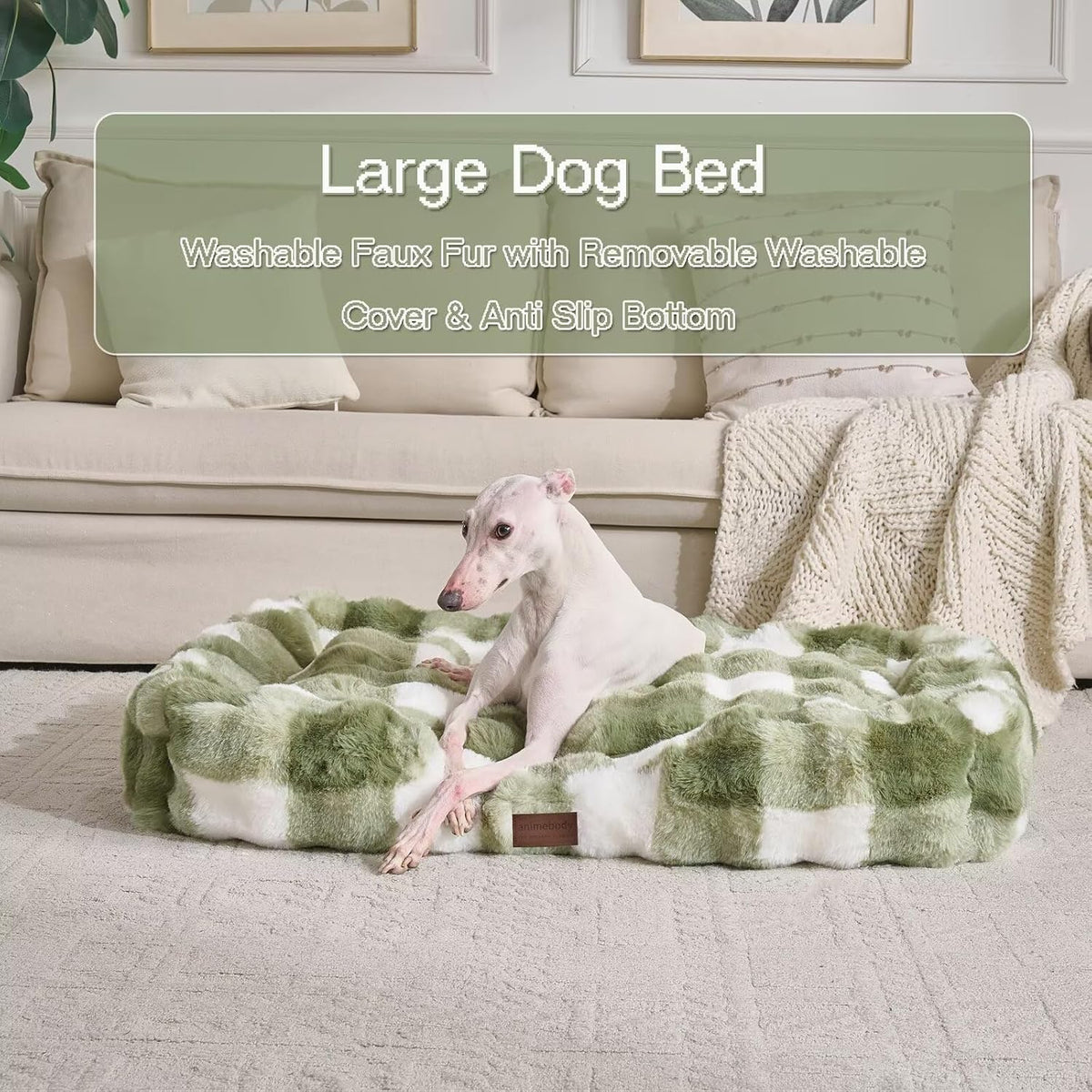 Washable Orthopedic Dog Bed,Rectangle Fleece & Luxury Pet Bed with Removable Zipper Cover & Anti-Slip Bottom,Suitable for Medium Large Dogs,40x30x7.5inches,Sage Green Grid Print