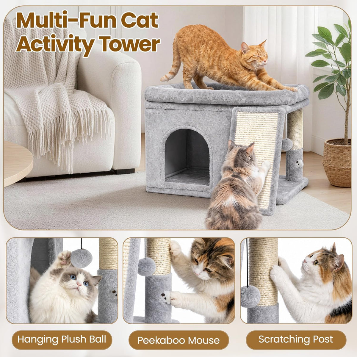 Cat Tree Tower with Scratching Post for Large Kitty, Light Grey