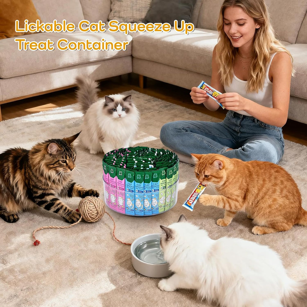 Lickable Cat Treats Organizer, 9 inches Lazy Susan Acrylic Squeeze Up Cat Food Storage Container, Wet Cat Treats Storage for Kitchen Cabinet Pantry Shelf Countertop