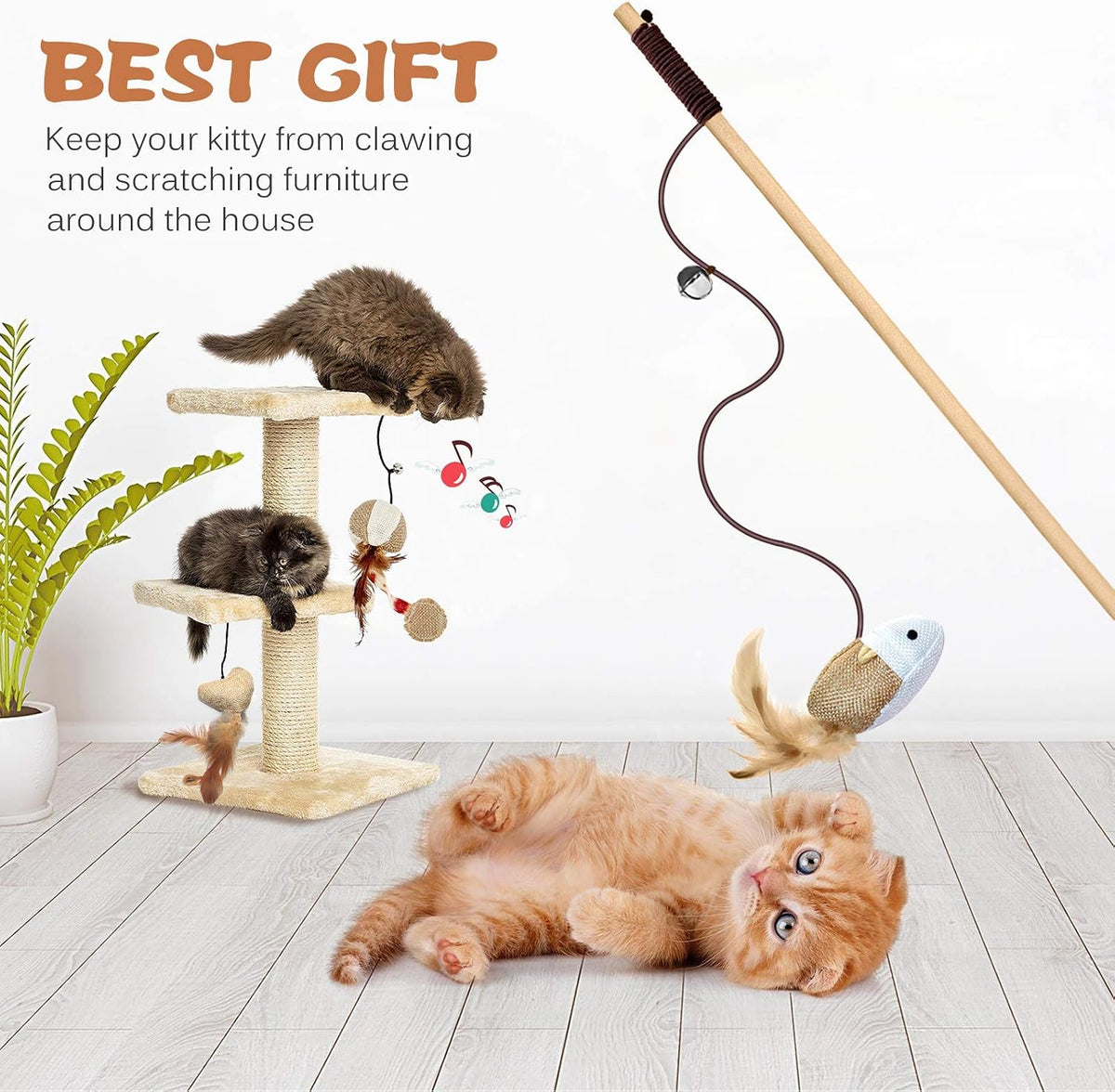 KABB Cat Toys for Indoor Cats, 3pcs 16 Inch Natural Wood Cat Teaser Wand Toy with Teaser Refills for Cat Kitten Having Fun Exerciser Playing, Bonus 5pcs Catnip Sticks for Cat Teeth Cleaning