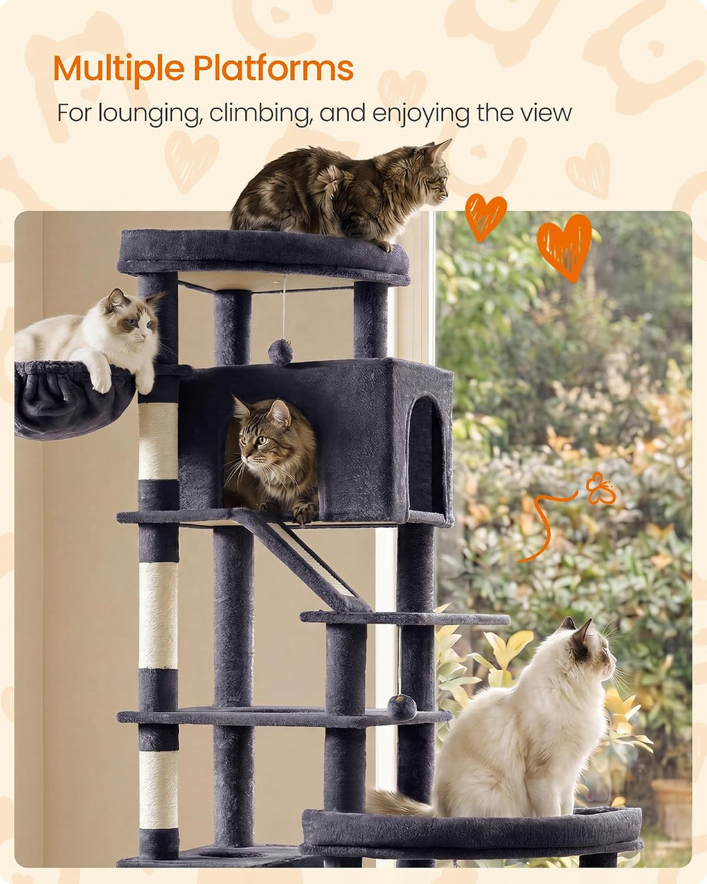 Feandrea Cat Tree, 79.5" Heavy Duty Cat Tower Condo for Indoors, Dark Gray