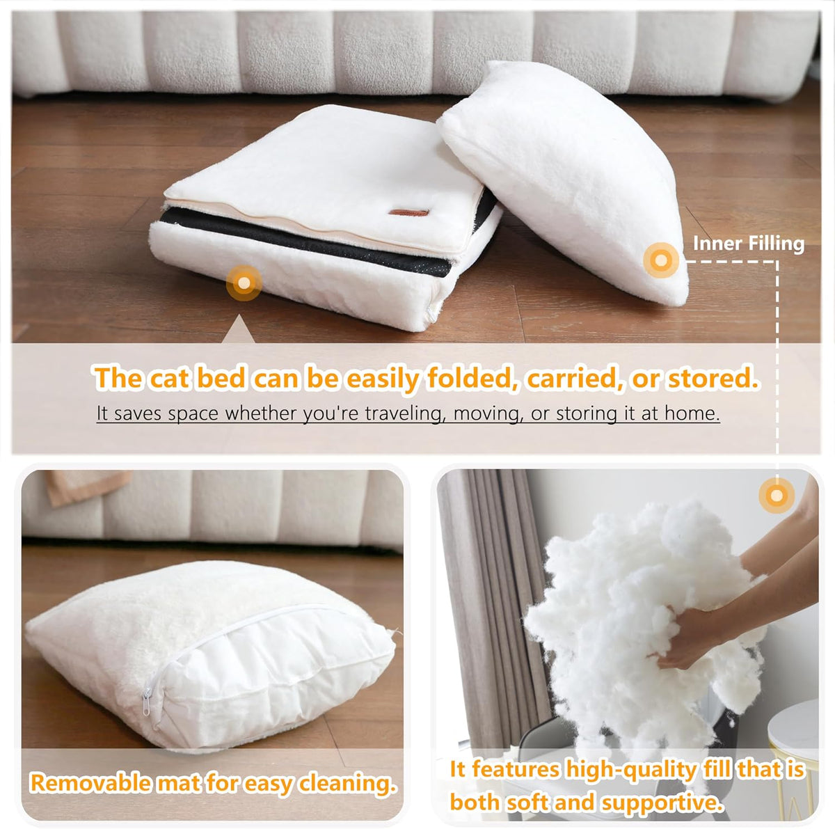 Cat Bed for Indoor Cats，Foldable cat cave，Anti-Slip & Water-Resistant Bottom，cat Houses for Indoor Cats or Small Dogs, Kitten Tent, Rabbit Bed (Cream, L:(17.5"×16.9"×15.9"))