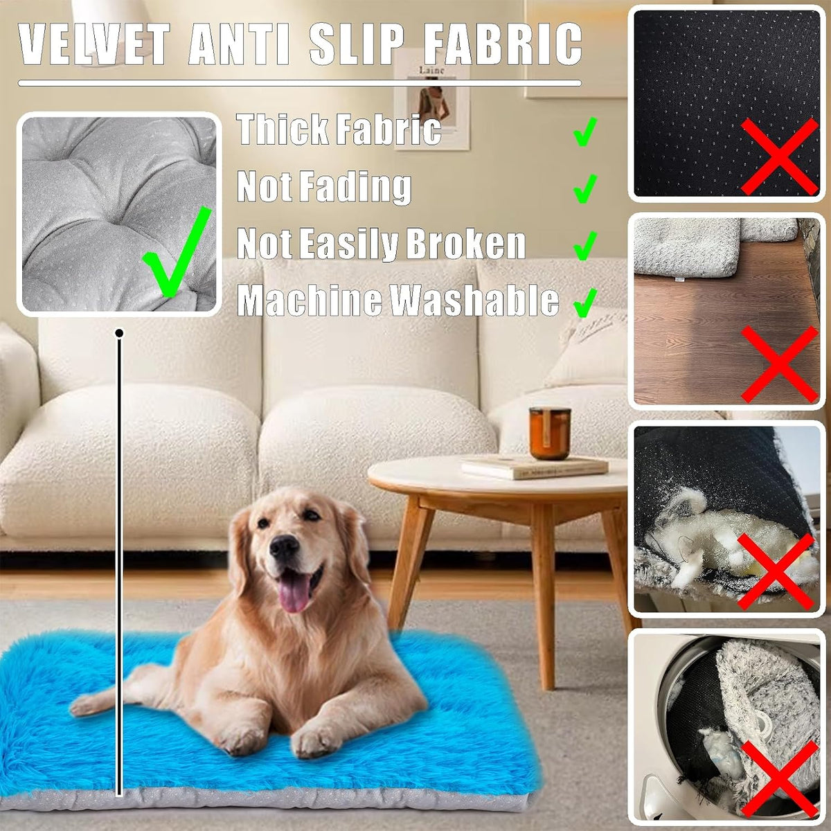 Machine Washable Dog Bed, Deluxe Plush Dog Crate Pad and Cat Bed, Anti-Slip Bottom Kennel Pad Mat, Fuzzy Pet Beds for Large, Medium, Small Dogs Breeds (Azure Blue, 36.0"L x 24.0"W x 3.0"Th x 1 Pack)