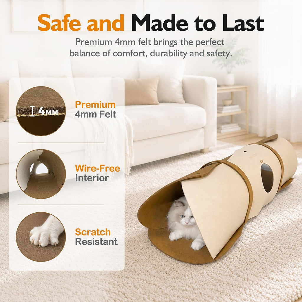 Cat Tunnel, Felt Cat Tunnels for Indoor Cats with Peek Window & Dangling Ball, Interactive Cat Toy Tunnel for Playing, Hiding & Resting, Easy to Assemble, Clean & Store