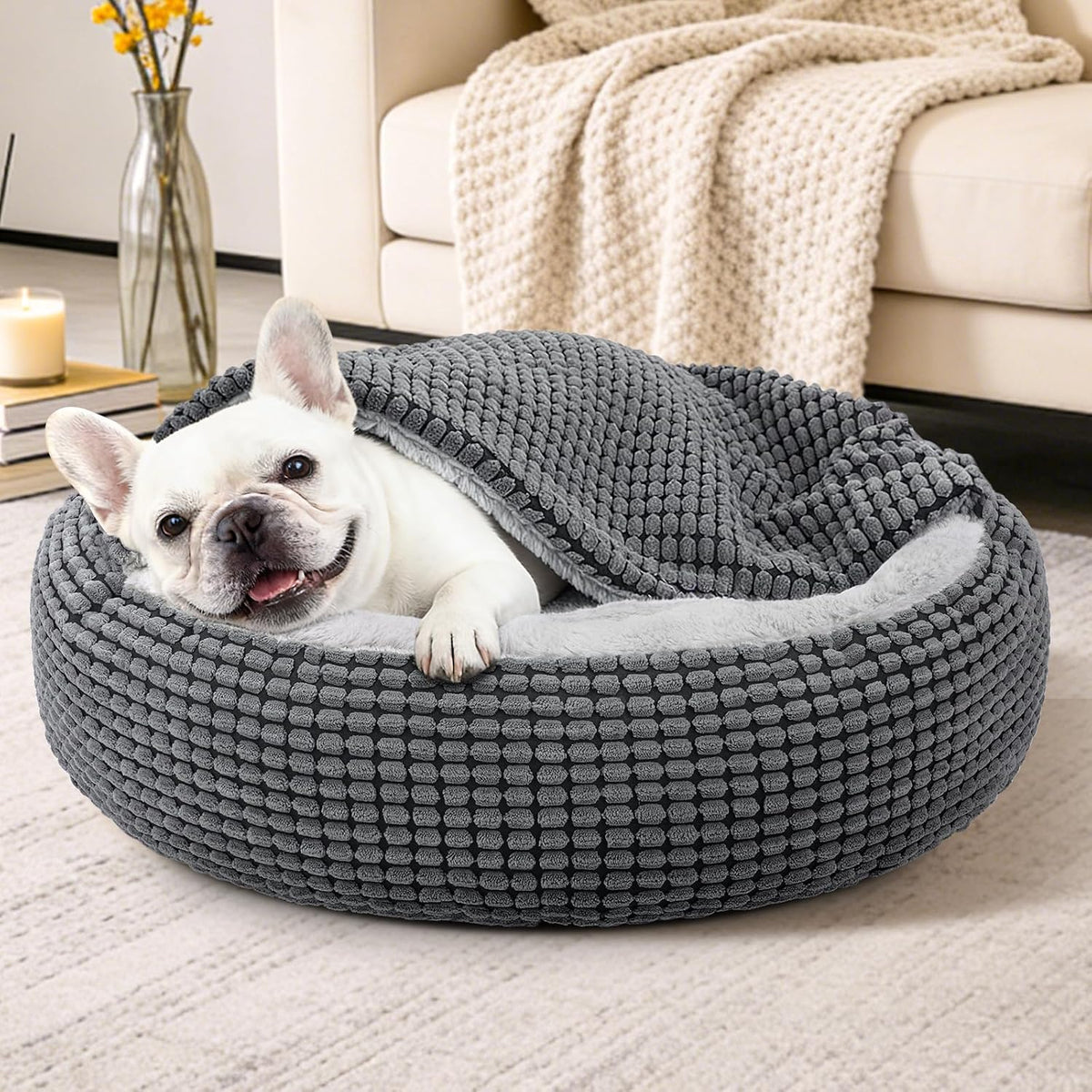 Dog Bed with Attached Blanket for Small Dogs or Cats, Soft Plush Cozy Donut Cuddler Hooded Pet Beds Washable. Round Puppy Bed Orthopedic, Calming Cat Cave Bed. Anti-Slip Bottom 26inch