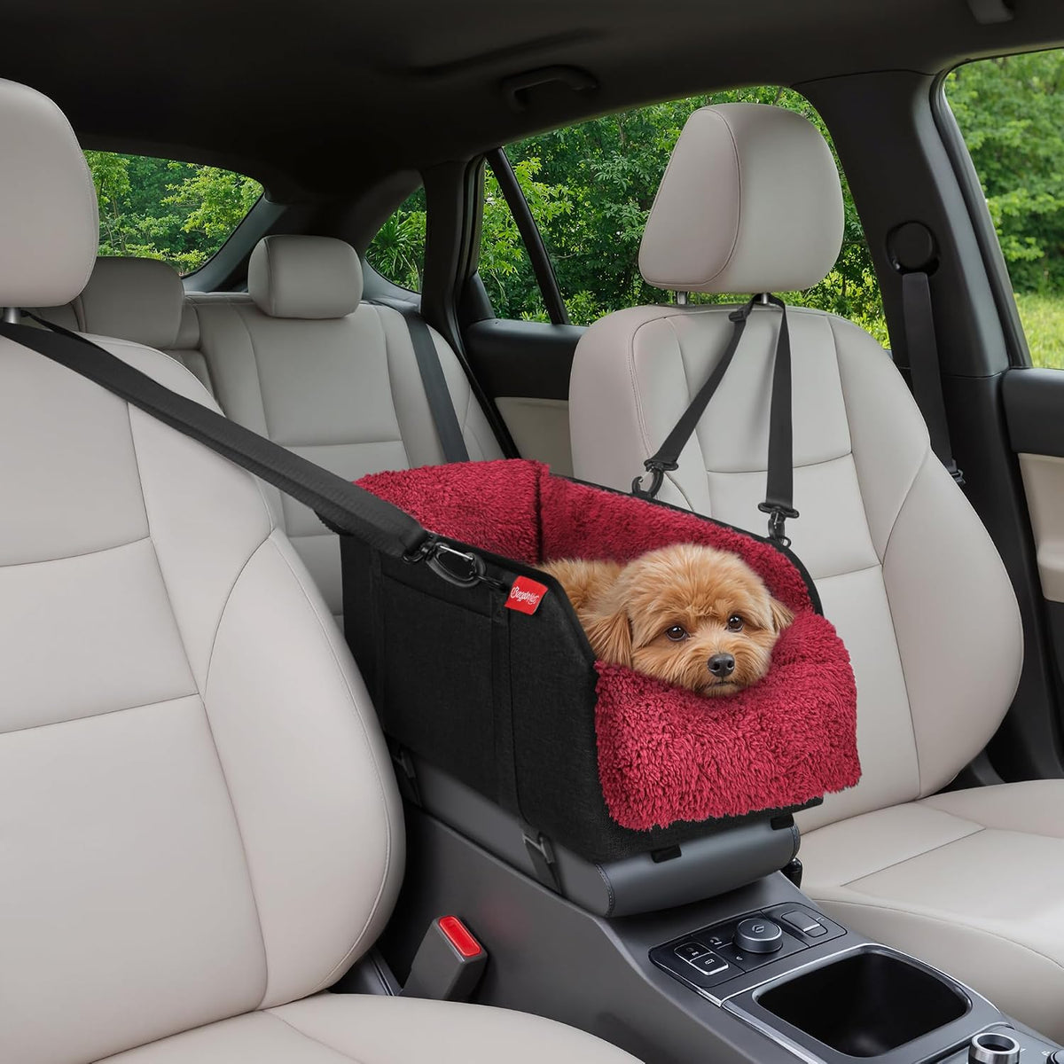 BurgeonNest Center Console Dog Car Seat for Small Pets to 11lbs, Red