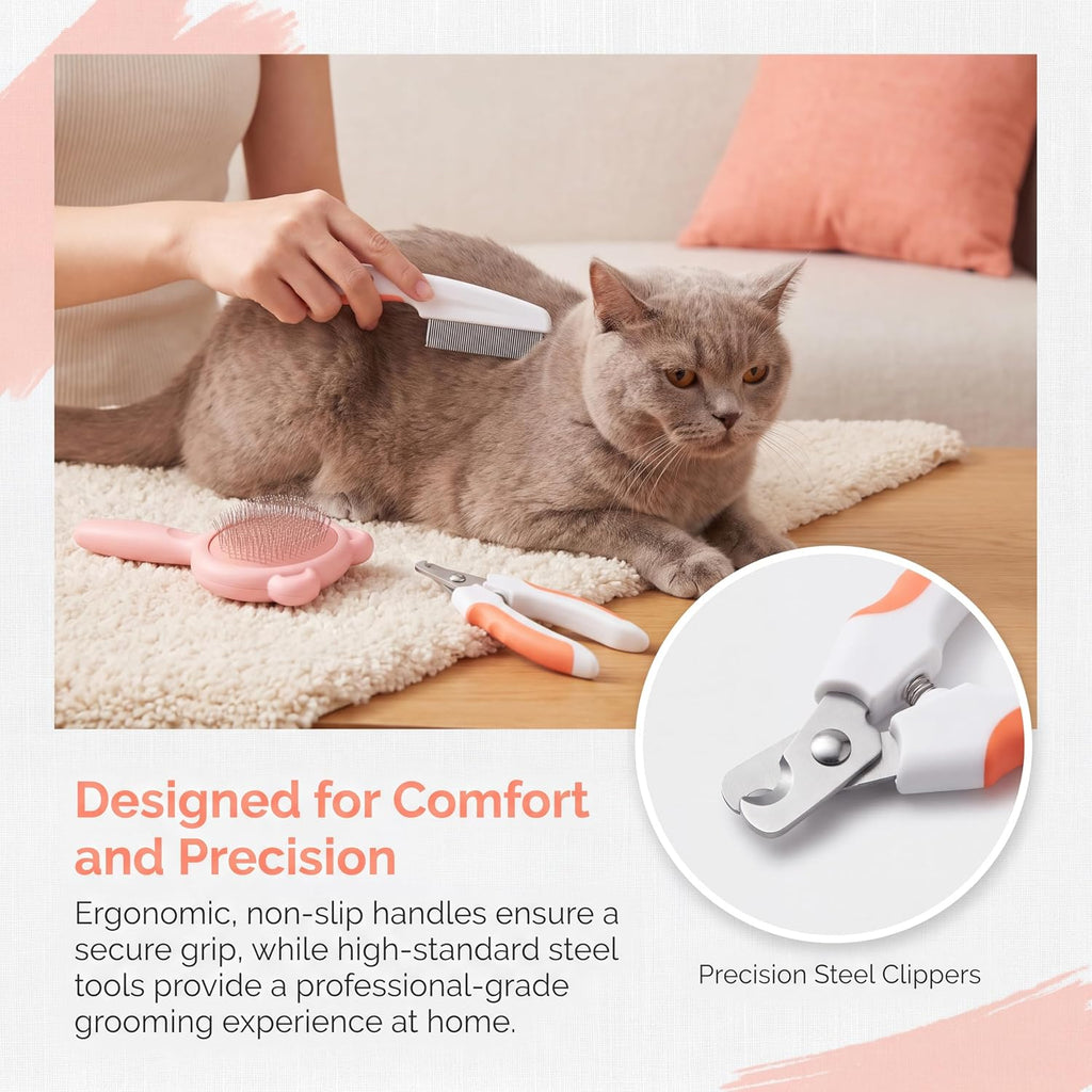 3PCS Cat & Dog Grooming Kit,Bath Brush,Nail Clipper,Flea Comb(Pink)