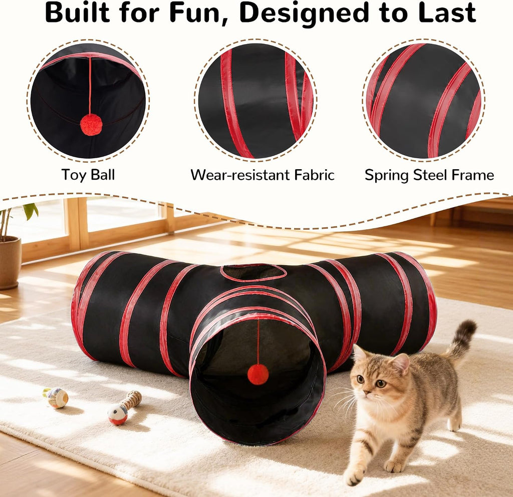 Tempcore Cat Tunnel, 3-Way Collapsible Toy for Indoor Cats, Black & Red | 3-Way Cat Tunnel with Peek Holes, Hanging Ball and Teaser Wand, Collapsible Design for Play, Hiding, Chasing and Exercise
