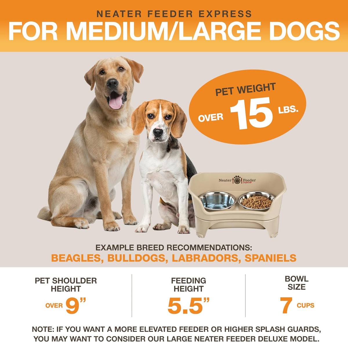 Neater Feeder Express Mess Proof Dog Bowls Elevated for Medium to Large Sized Breed, No Spill Raised Dog Food Bowl Stand, Stainless Steel Food and Water Bowl Set, Pet Dish Feeding Station, Almond 