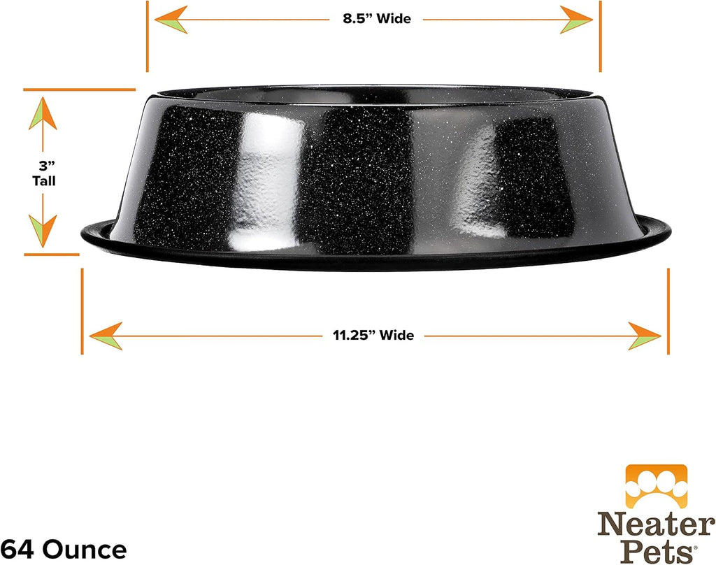 Neater Pet Brands - Outdoor Camping Style Pet Bowl - Enamel Ware Blue Black Granite Colors - Dog Cat No Tip Skid Bowls (64 oz, Black) 