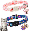 LIONET PAWS 2 Pack Breakaway Girl Cat Collars, Cute Soft Cotton Blue Floral & Pink White Bow Kitten Collars with Bell for Girly Female Cats
