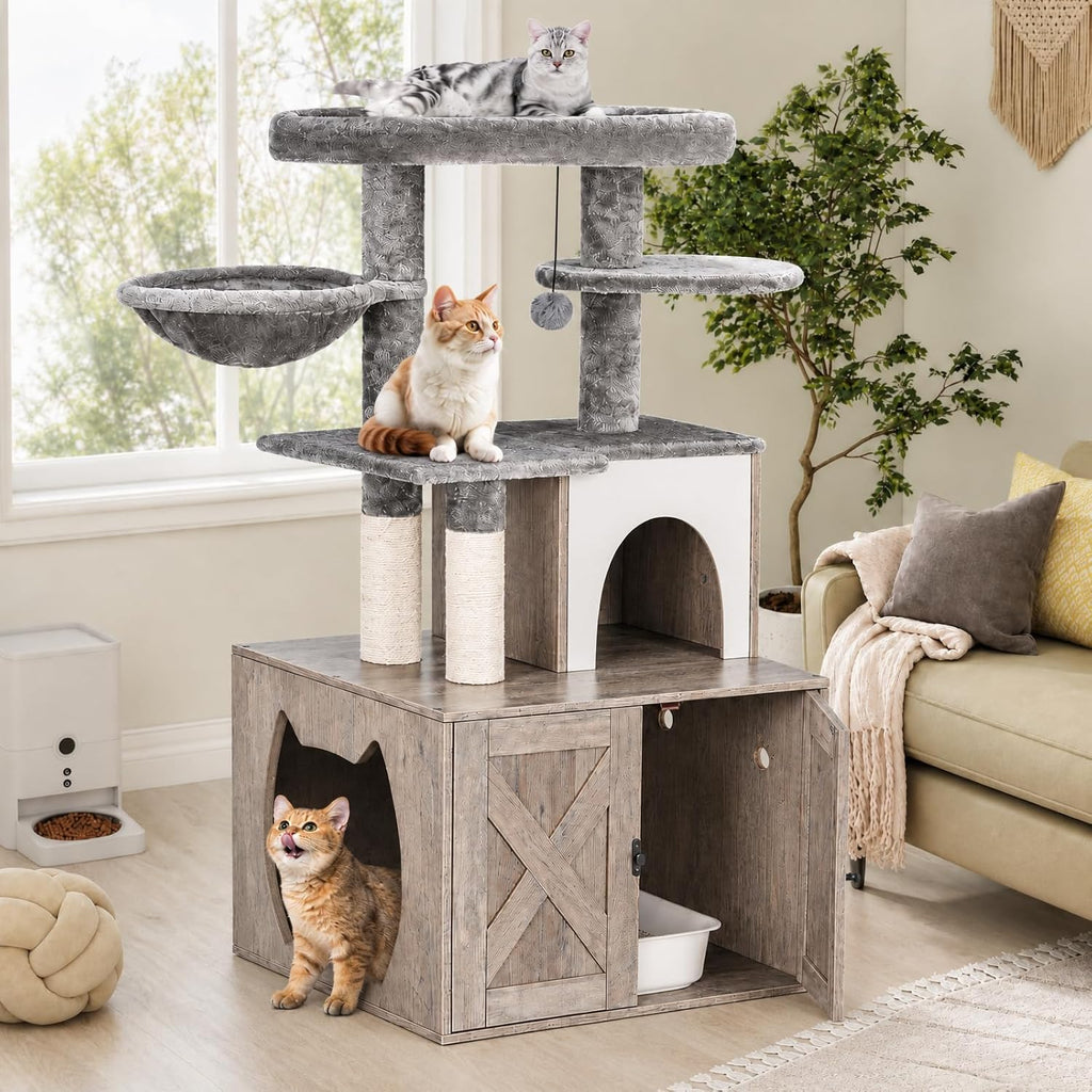 HavenlyYouth Litter Box Enclosure with Cat Tree,Cat Tree with Litter Box Enclosure,Hidden Pet Washroom Furniture with Sisal Scratching Post,Hammocks,Condo,Multiple Platform,Soft Plush Perch, Grey