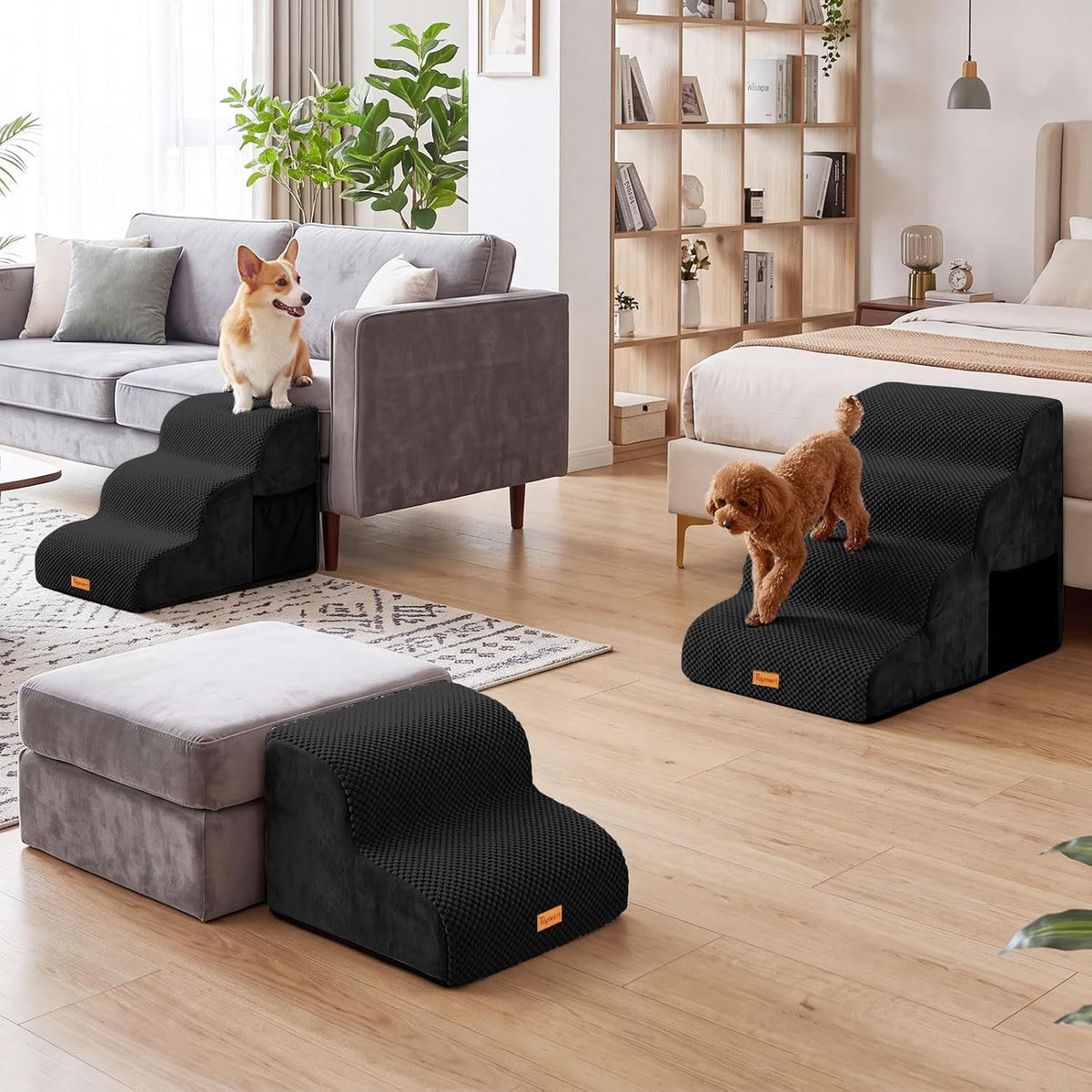 4-Step Dog Stairs for Small Dogs, Non-Slip Foam Pet Steps for High Beds