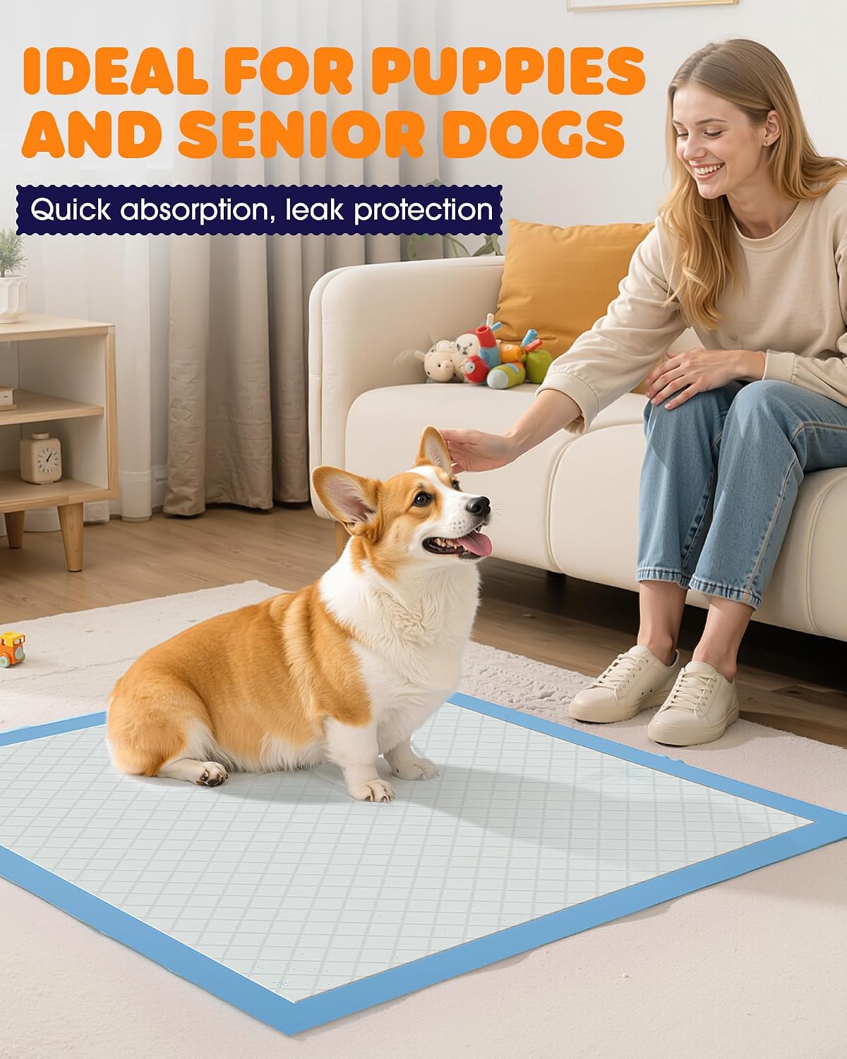 Powools Puppy Pads, 22 x 22 in, Super Absorbent, Spill-Proof, 100 Packs | Pee Pads for Dogs, 6-Layer Material, Quick-Dry, Hassle-Free Potty Pads for Floors, Furniture, Vehicle
