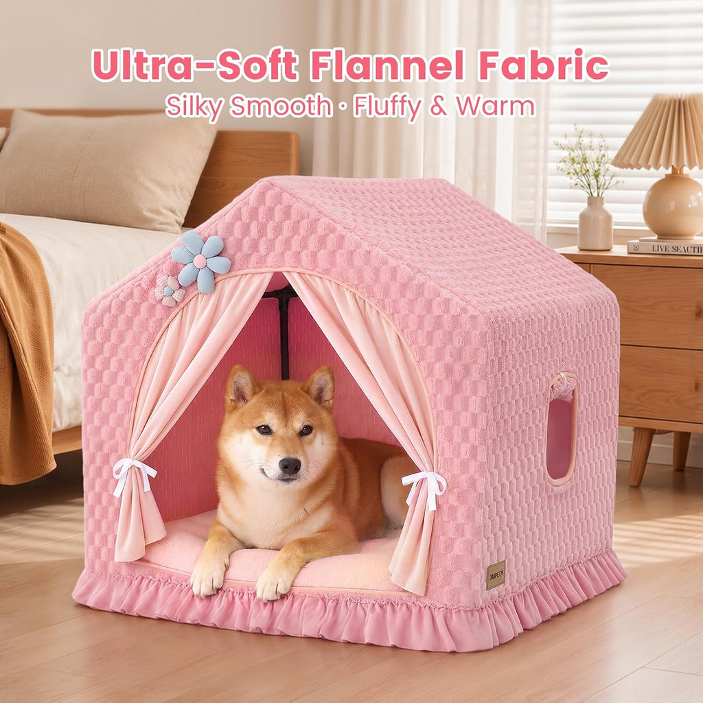 Indoor Dog House with Frame,Cute Large Dog Tent Bed with Cover Cave,Pink