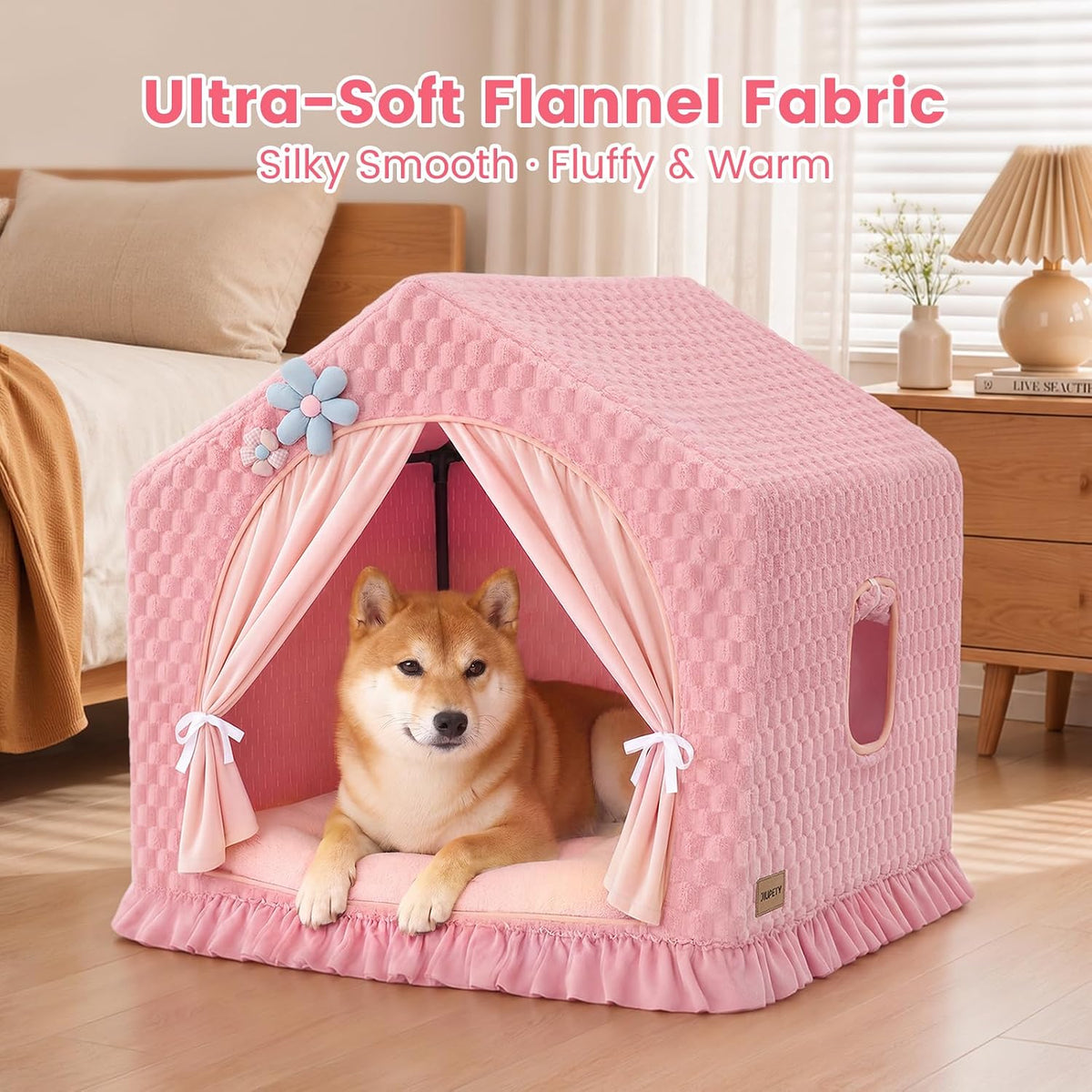 Indoor Dog House with Frame,Cute Large Dog Tent Bed with Cover Cave,Pink