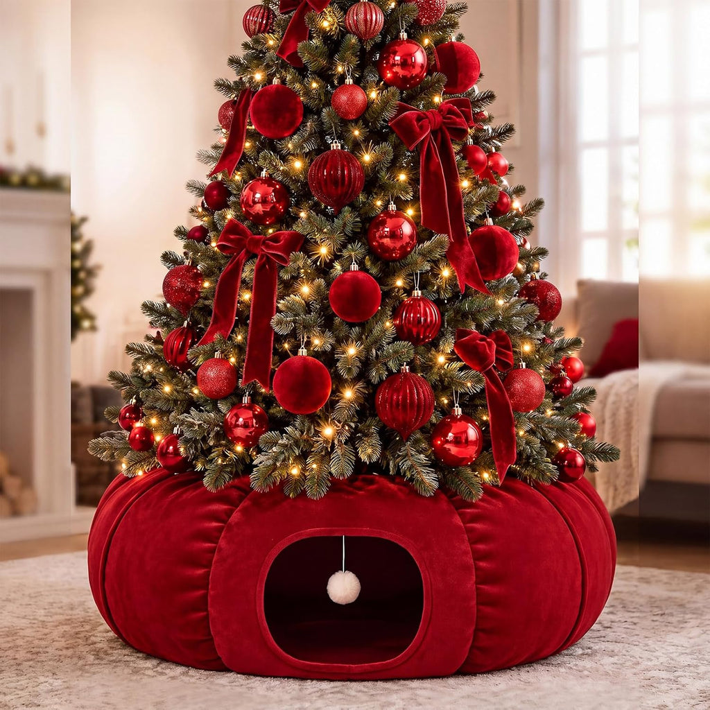 Christmas Tree Cat Tunnel 36 in Donut Bed, Red, Velvet, Fluffy