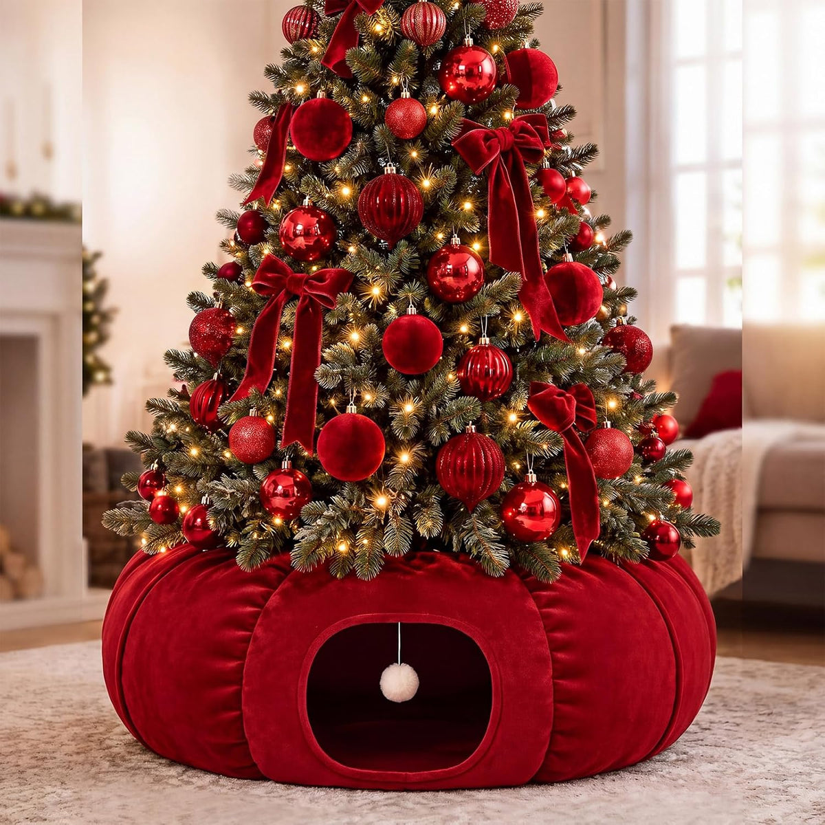 Christmas Tree Cat Tunnel 36 in Donut Bed, Red, Velvet, Fluffy