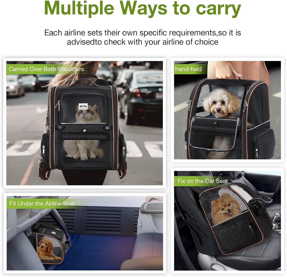 Large Cat Backpack Carrier Expandable Pet Carrier Backpack for Small Dogs Medium Cats Fit Up to 18 Lbs, Dog Backpack Carrier, Foldable Puppy Backpack Carrier for Travel, Black