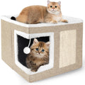 Loyareal Cat Houses for Indoor Cats - Large Cat Bed Cave with Scratch Pad and Fluffy Ball, Foldable Cat Condo Hideaway with Reversible Cushion for Multi Small Pet, Khaki