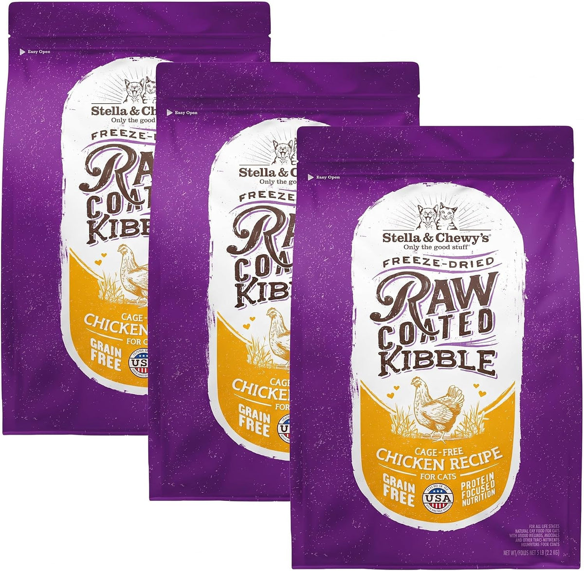 Stella & Chewy's Raw Coated Cat Food - High Protein, Grain-Free Kibble with Cage-Free Chicken - Premium Digestive Support with Probiotics - Natural Small Kibble - Perfect for Picky Eaters - 5 lb Bag