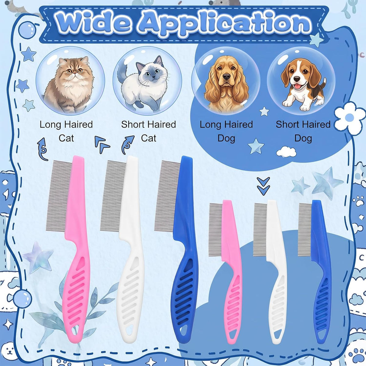 24 Pcs Flea Comb for Cats and Dogs, Stainless Steel Metal Teeth Detangling Grooming Tool, 12 Large 12 Small, White Pink Blue, 2 Sizes