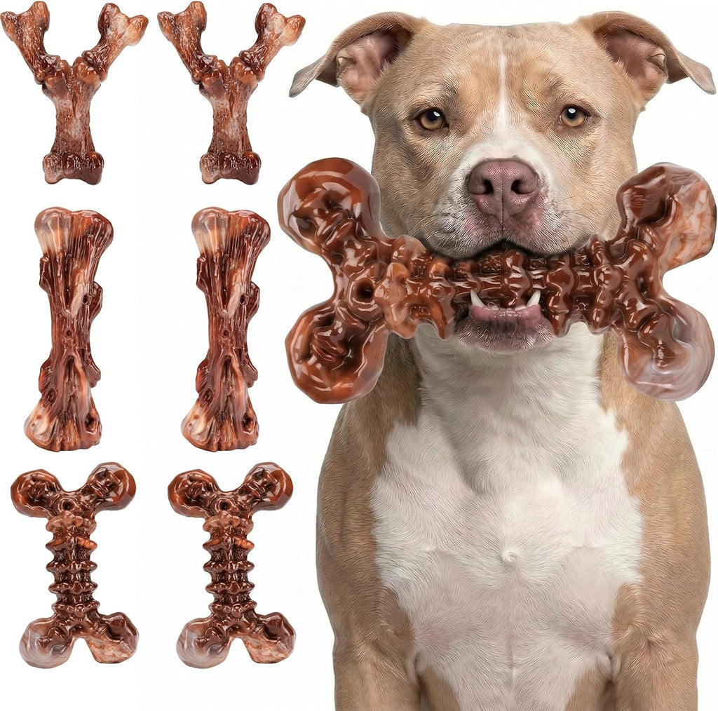 Kseroo 6-Pack Bacon Flavored Dog Chew Toys for Aggressive Chewers, Brown-XL | Indestructible, Heavy Duty, Rock-Hard Solid Nylon Bones for Medium/Large Dogs 25-100lbs, Tough, Long-Lasting, Keep Them Busy