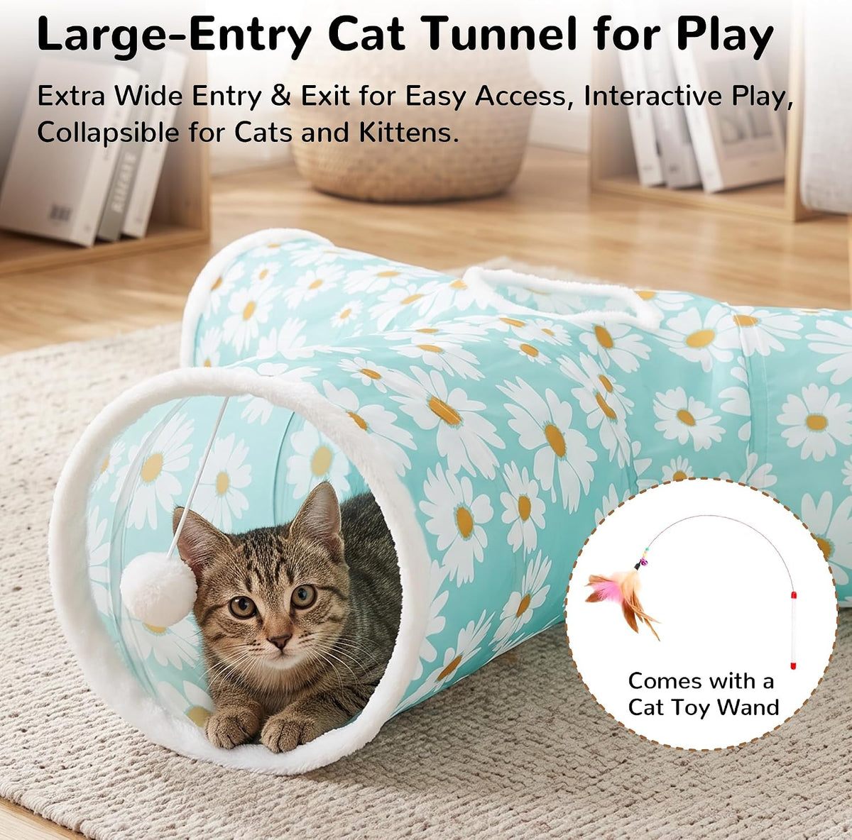 Tempcore Cat Tunnel, 3-Way Collapsible Toy, Large Size Daisy Blue Printed | Large Size 3-Way Cat Tunnel Provides More Room for Cats to Run, Hide and Chase, with Peek Holes, Hanging Ball and Teaser Wand
